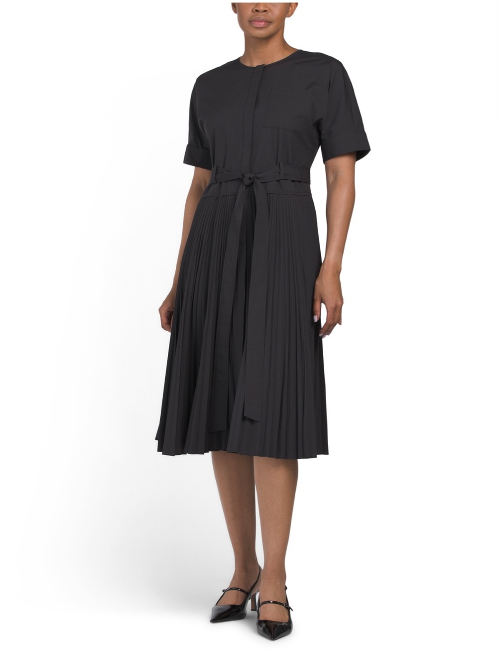 Kobi Halperin Black Pleated Midi Dress with Tie Waist